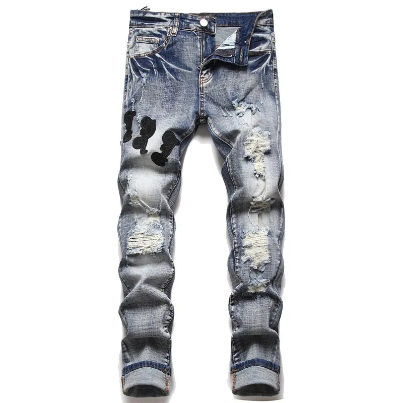 

High Quality Men’s Slim-fit Retro Blue Hole Ripped Jeans,Light Luxury Embroidery Decors Sexy Jeans,Stylish Street Fashion Jeans;