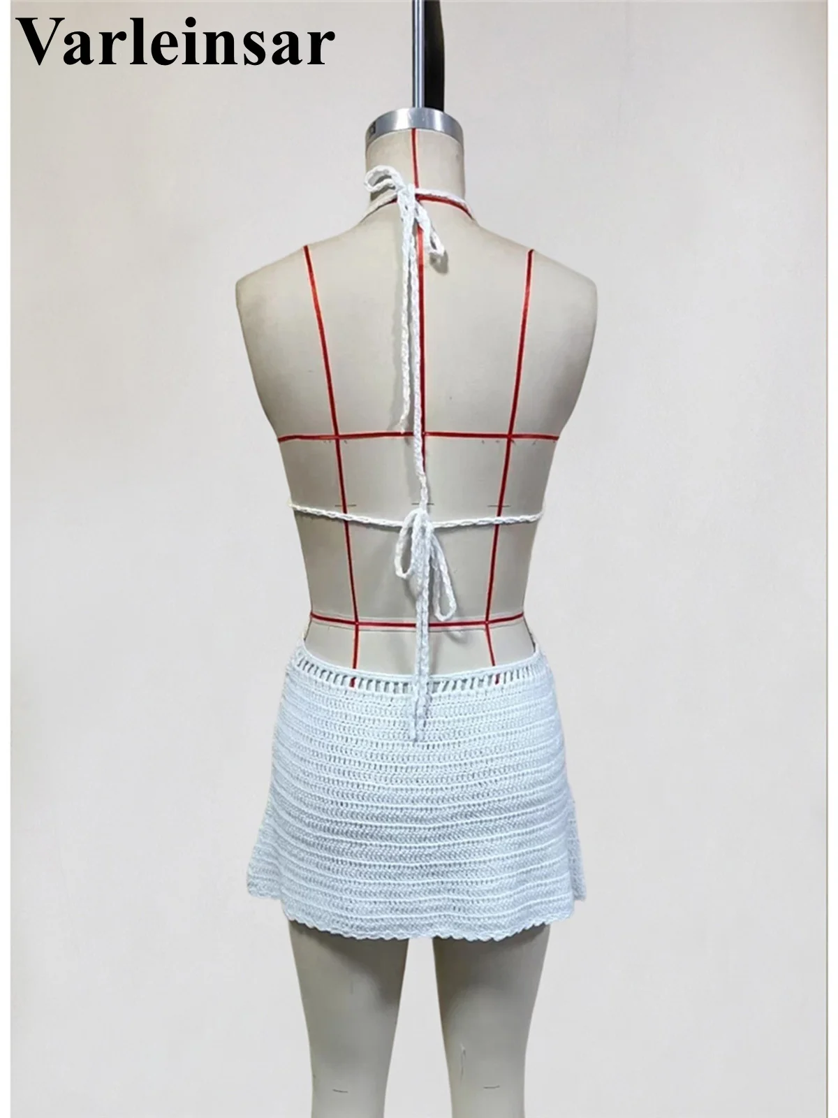 Sexy Cut Out Halter Backless Crochet Knitted Tunic Beach Cover Up Cover-ups Beach Dress Beach Wear Beachwear Female Women V8295 5