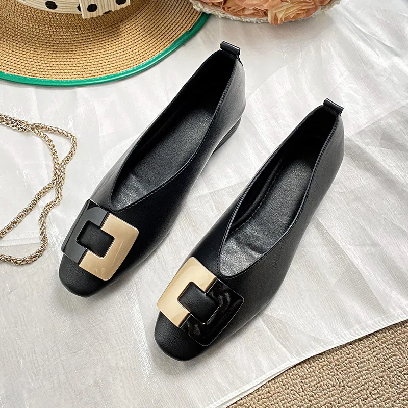 2023 New French Low Heel Square Head Shallow Mouth Single Shoes Women's Soft Sole Flatsole Shoes Design Sense Women's Shoes