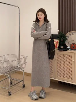 plus Size Knitted Dress Lazy Style Sweatshirt Dress Plump MM Hoodie Sweater Slimming Long Dress Casual High Waist A-Line Skirt