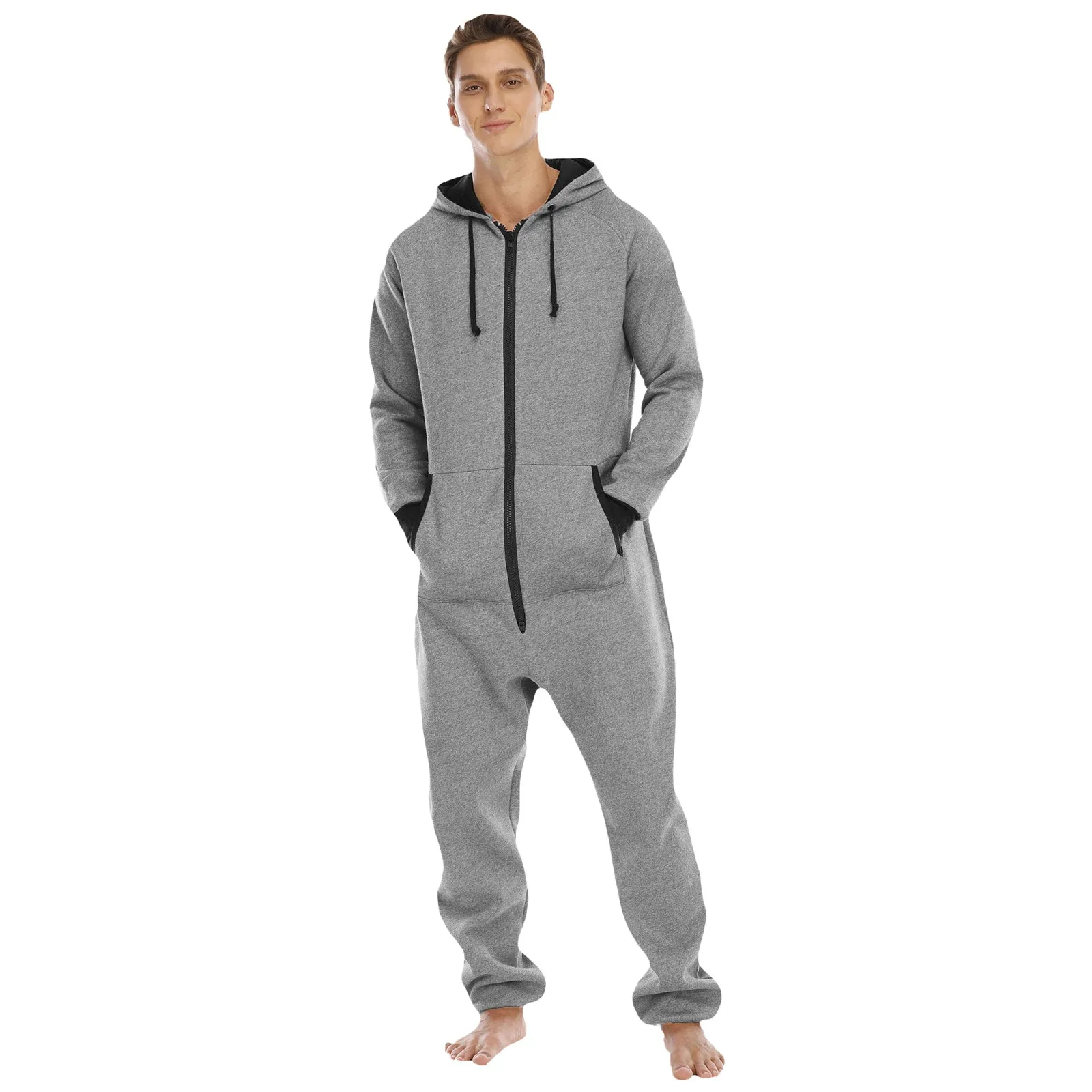 Men'S Solid Color Onesie Pijama Overseize Zipper V Neck Long Sleeve Hoodie Sleepwear Rompers Adult Warm Comfortable Homewear