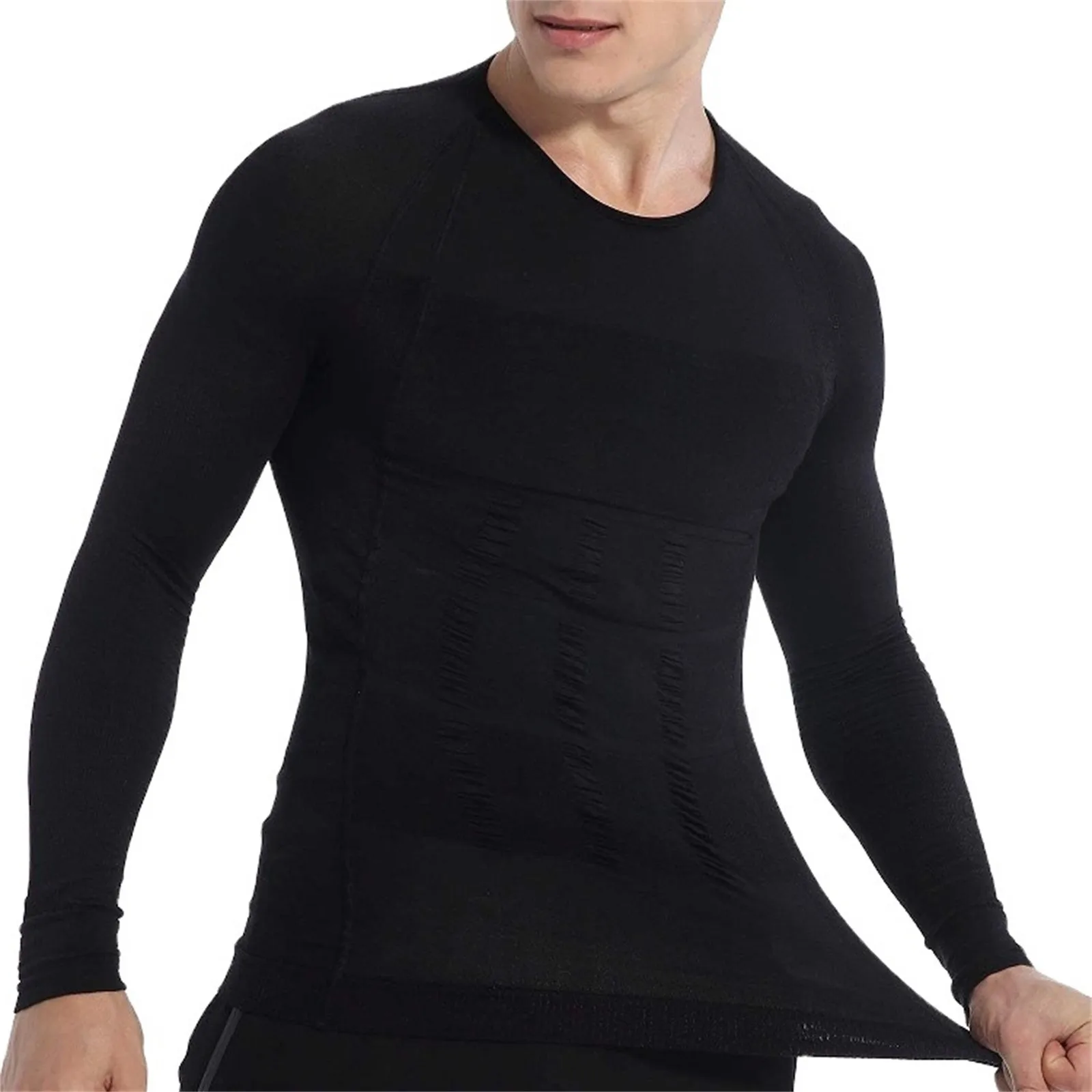 Men's New Shapewear Long Sleeved T-Shirt Tight Waisted Beer Belly Cinching Shapewear Lightweight Solid Sweatshirts Slimming Top - Image 4