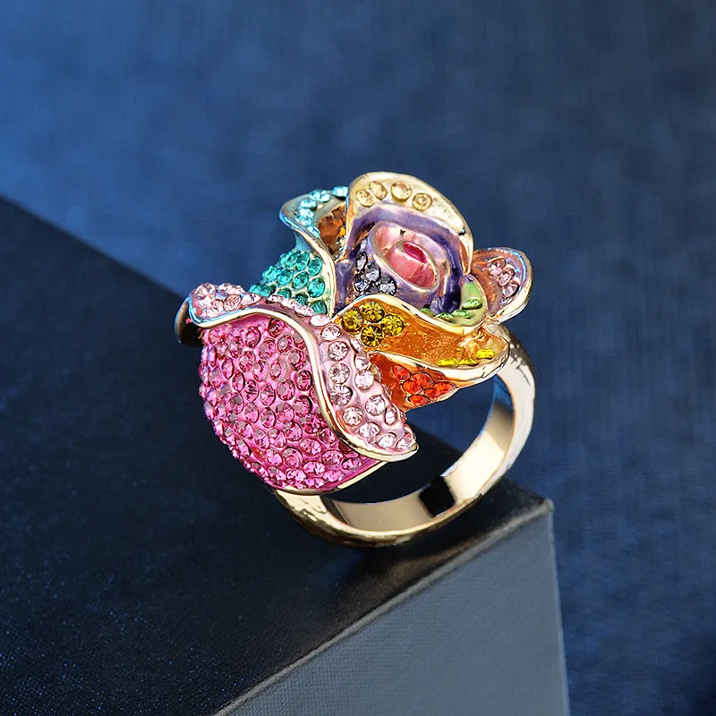 

Gold Color Exaggerated Colorful Rhinestone Rose Shaped Girls Big Rings for Women Party Jewelry