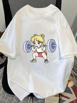 Sailor Moon Lifting Iron Fitness Women's T-Shirt Cotton Girl Children Parent-Child Summer Loose Cute Sweet Fun Short Sleeves Top 1