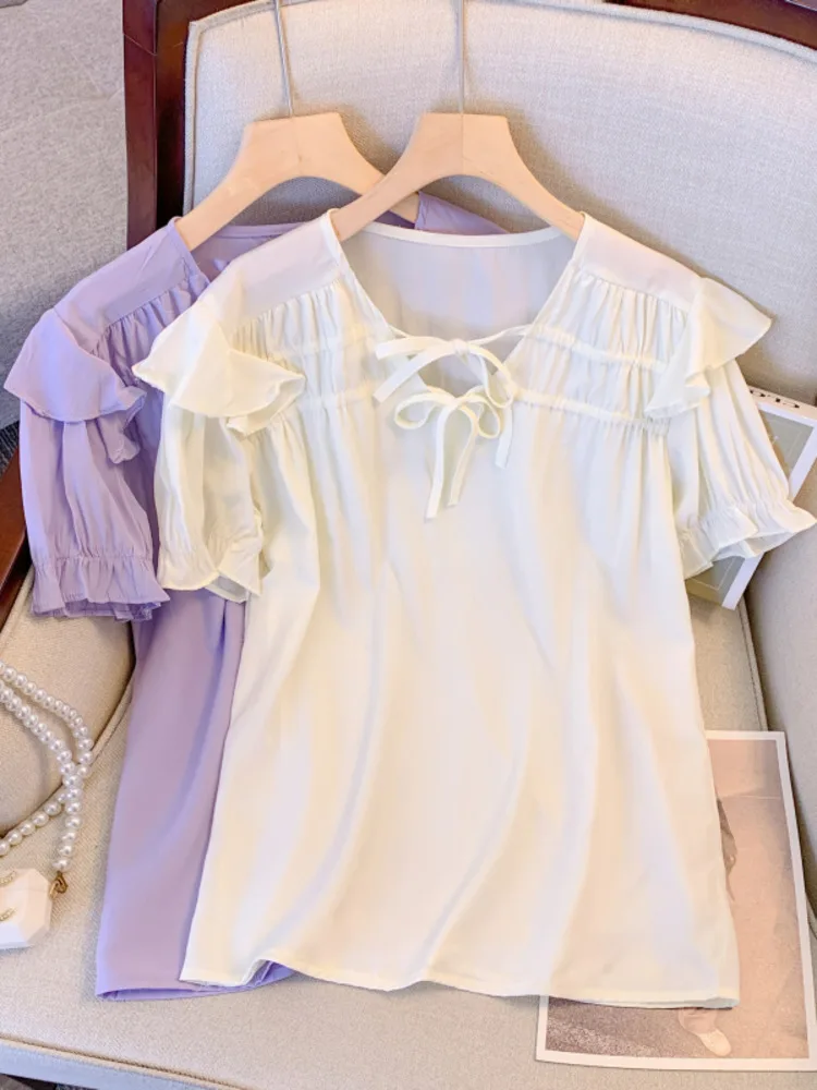 L-4XL Large Size Chiffon Blouses Women Summer V-Neck Lace Up Oversize Shirt Elegant Ruffles Short Sleeve Chic Big Tops Female