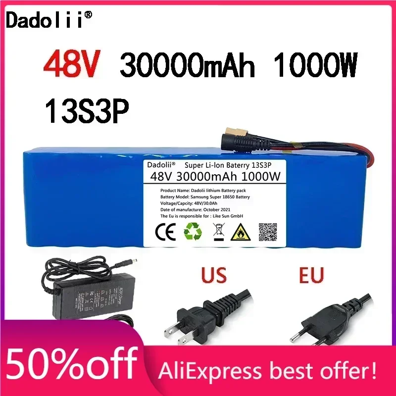 

48V Battery Pack e-bike battery 30Ah 18650 li-ion battery pack bike Scooter Electric Bicycle 1000w With XT60 Plug+54.6v Charger