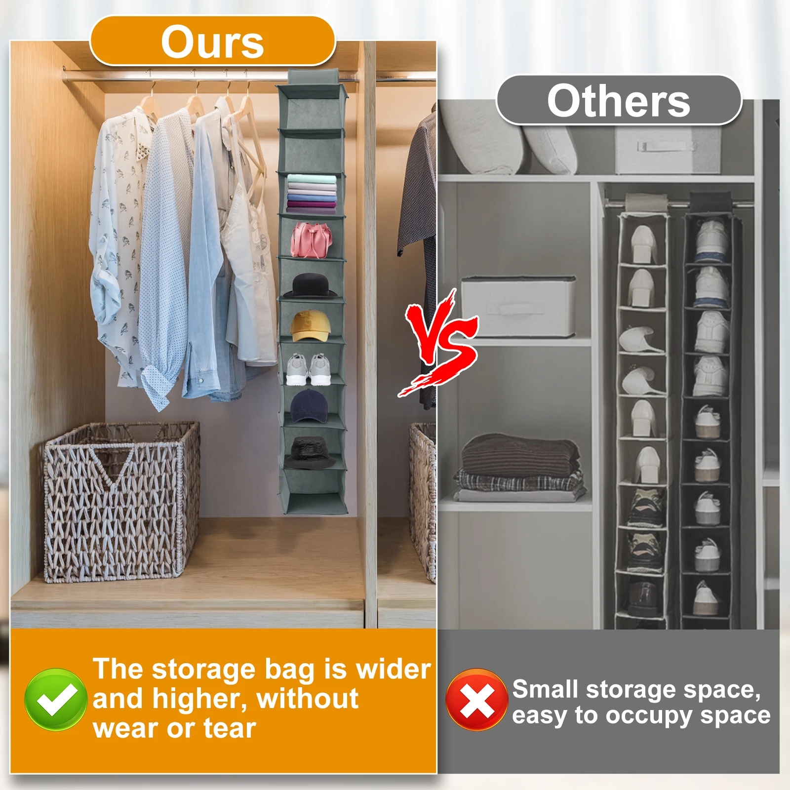 10-Shelf Hanging Shoe Organizer Non-Woven Fabric Hanging Shoe Shelves Multipurpose Foldable Shoes Container Rack Space-Saving 5