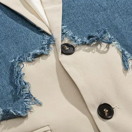 Fashion Denim Patchwork Women's Blazers Notched Collar Single Breasted Tassel Vintage Jacket Autumn 2023 New