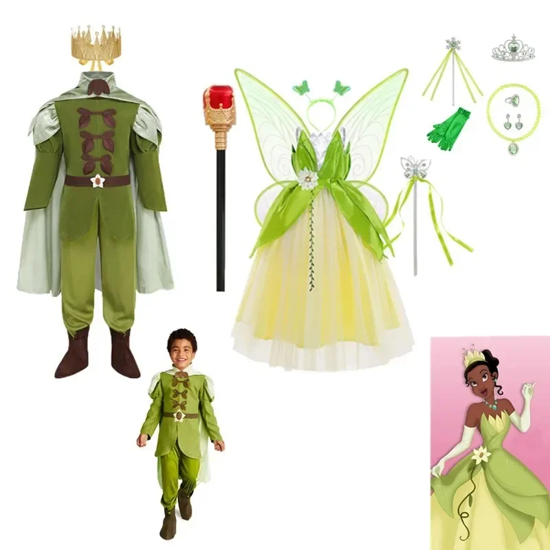 Child Carnival Christmas The Frog Prince Naveen And Diana The Frog Princess Halloween Cosplay Party Forest Green Elf Dress Set