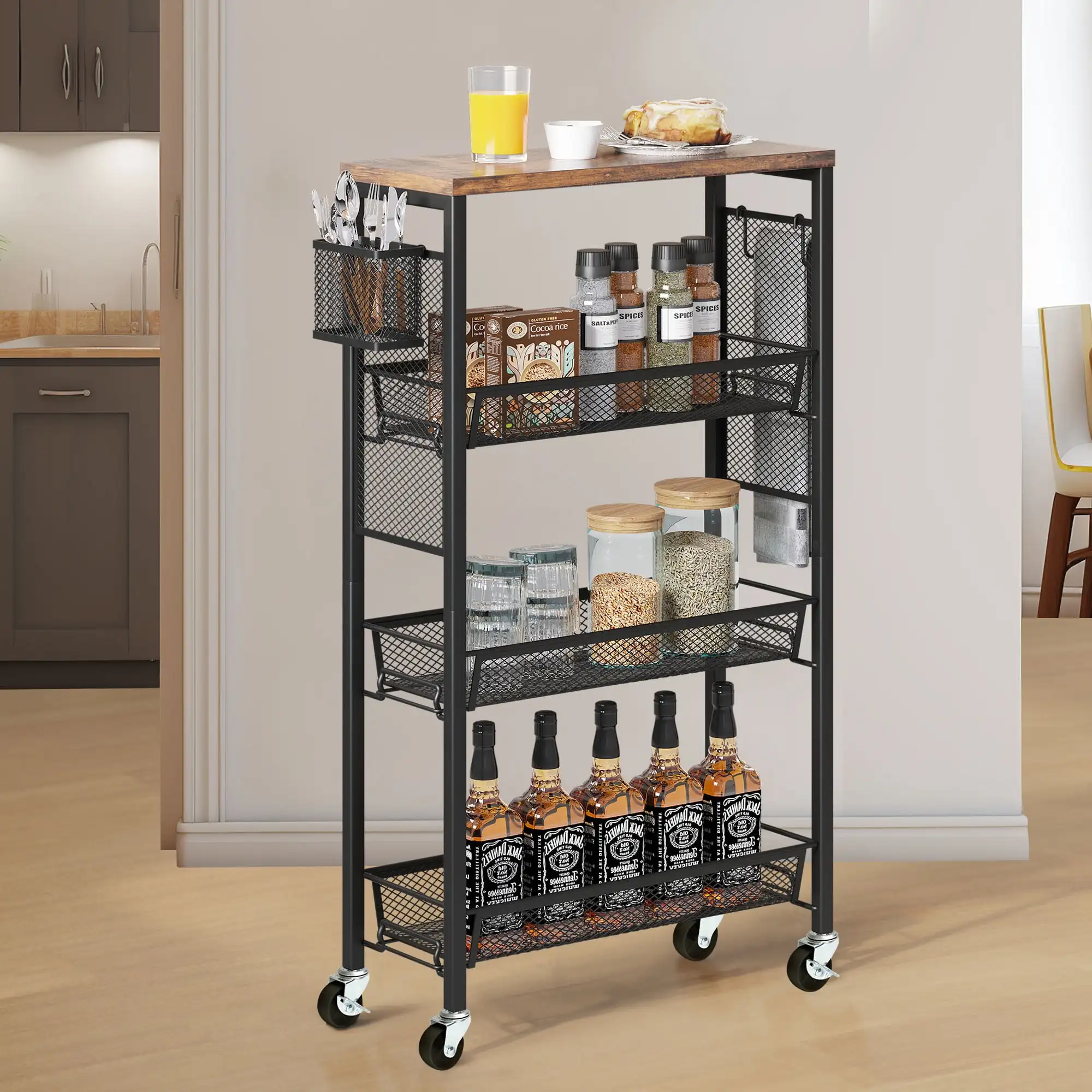 

4-Tier Slim Rolling Cart on Wheels, 34" Wooden Tabletop Kitchen Storage Organizer Cart with Wire Mesh Baskets, Slide-Out Storage