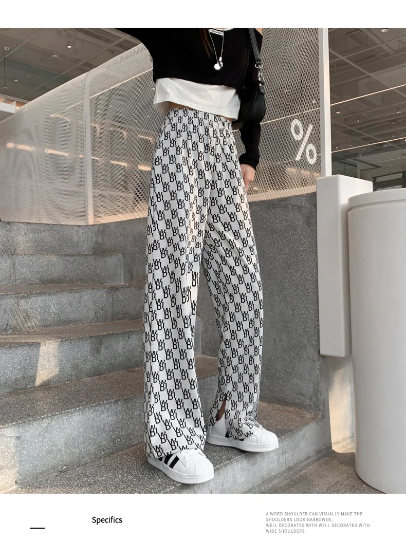 plaid pants elastic knitted Pants Fashion Women Casual Loose Wide Leg Trousers Retro Straight Trousers Hip-hop Unisex Streetwear plus size clothing