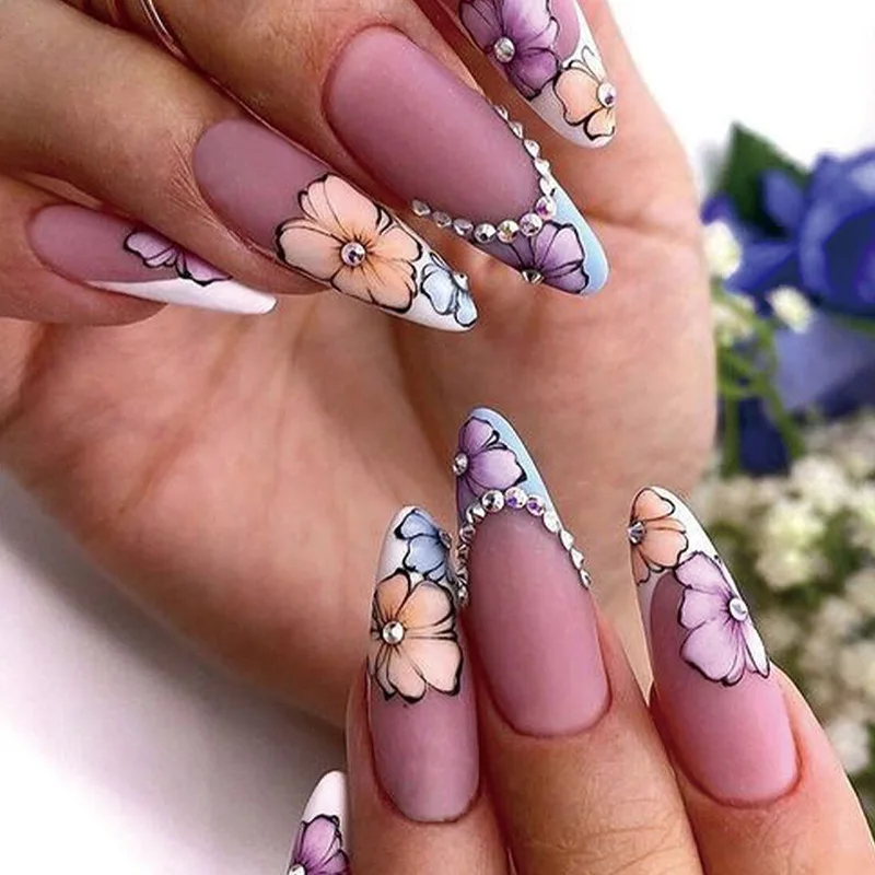 24Pcs Long Stiletto False Nails Summer Flower Design Fake Nails with Almond Head Removable French Full