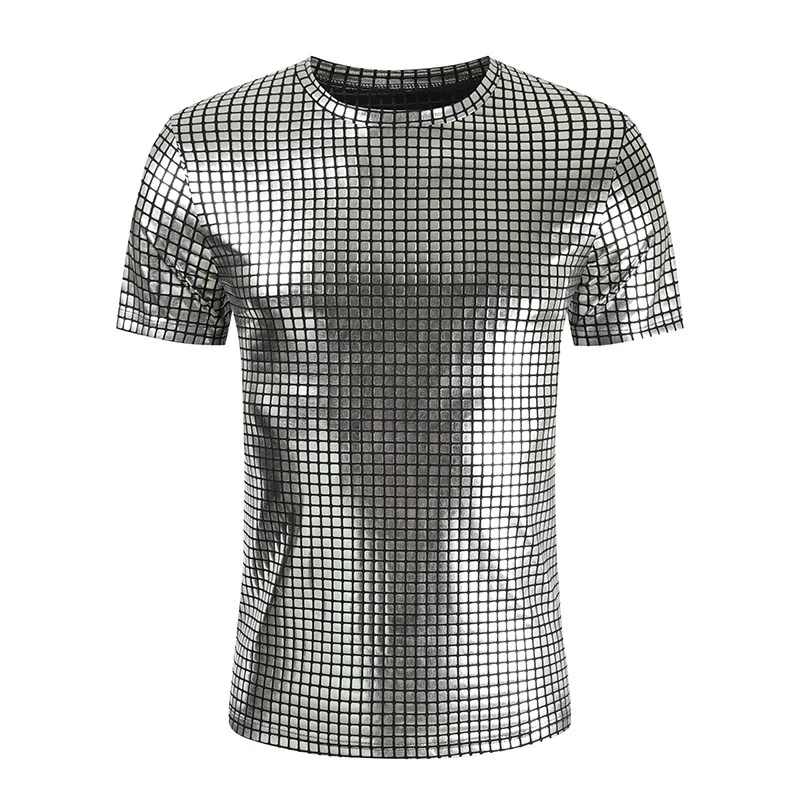 

Silver Plaid Coated Metallic T Shirt Men 2024 Brand DJ Nightclub Stage Show T-shirts Men Hip Hop Streetwear Clothing Camiseta