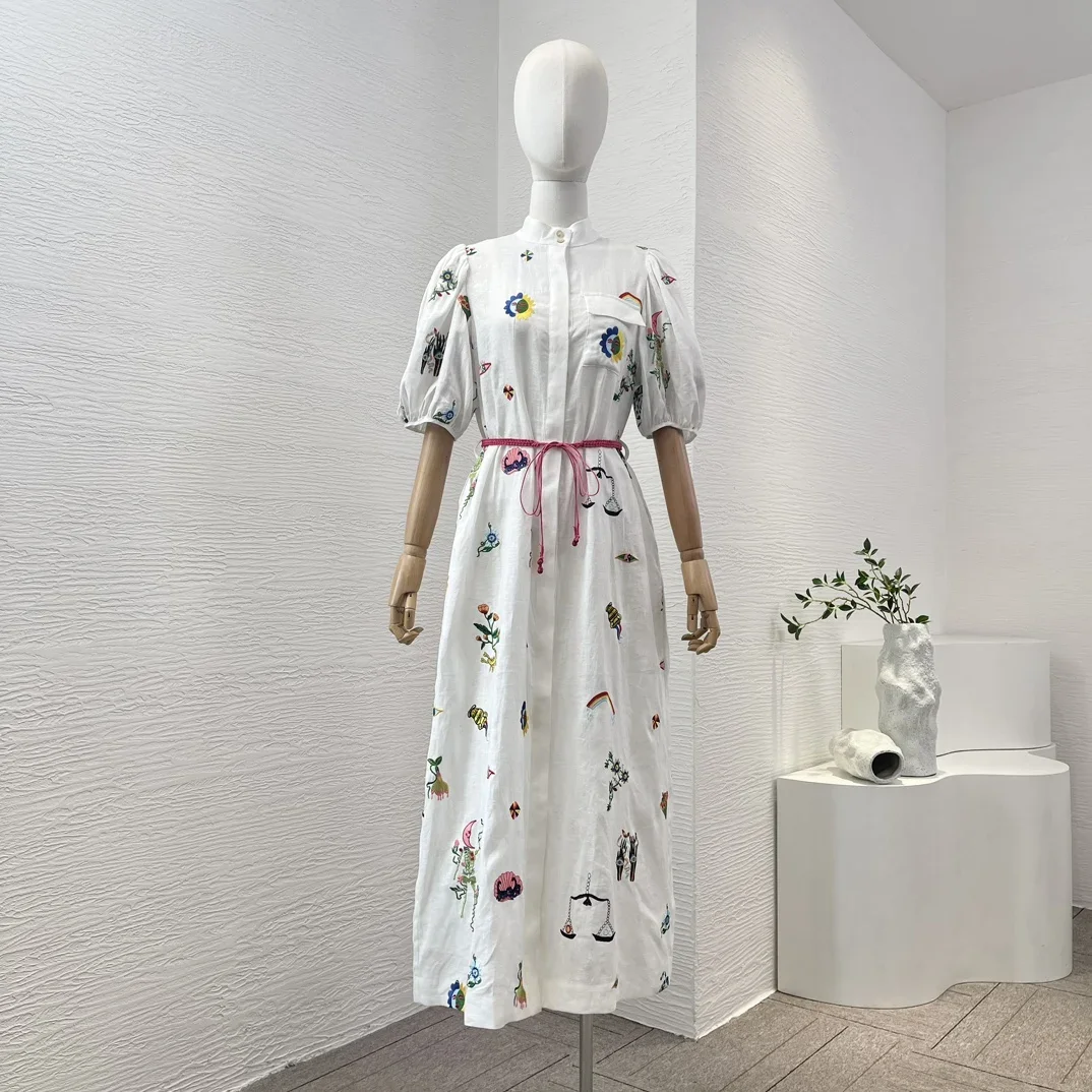 

2024 New High Quality Cotton White Floral Animal Embroidery Half Sleeve Midi Dress for Women Lady Female