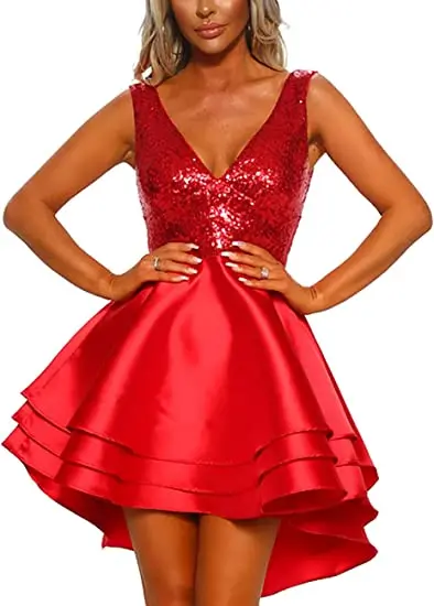 

Women's Sequin Glitter V Neck Skater Mini Club Cocktail Party Swing Dress Homecoming Dresses