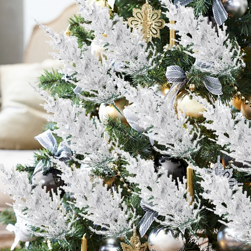 Branches de pin artificielles en flocons de neige, fausses plantes vertes de Noël, feuilles de pin, guirlande DIY, décorations d'arbre de Noël, décoration de fête du Nouvel An_voghion.com