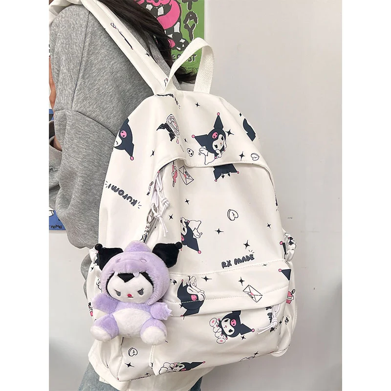 

Школьные ранцы Sanrio Kuromi Kawaii, новинка, вместительный аниме рюкзак для ноутбука, портативный дорожный холщовый рюкзак с подвеской для девочек