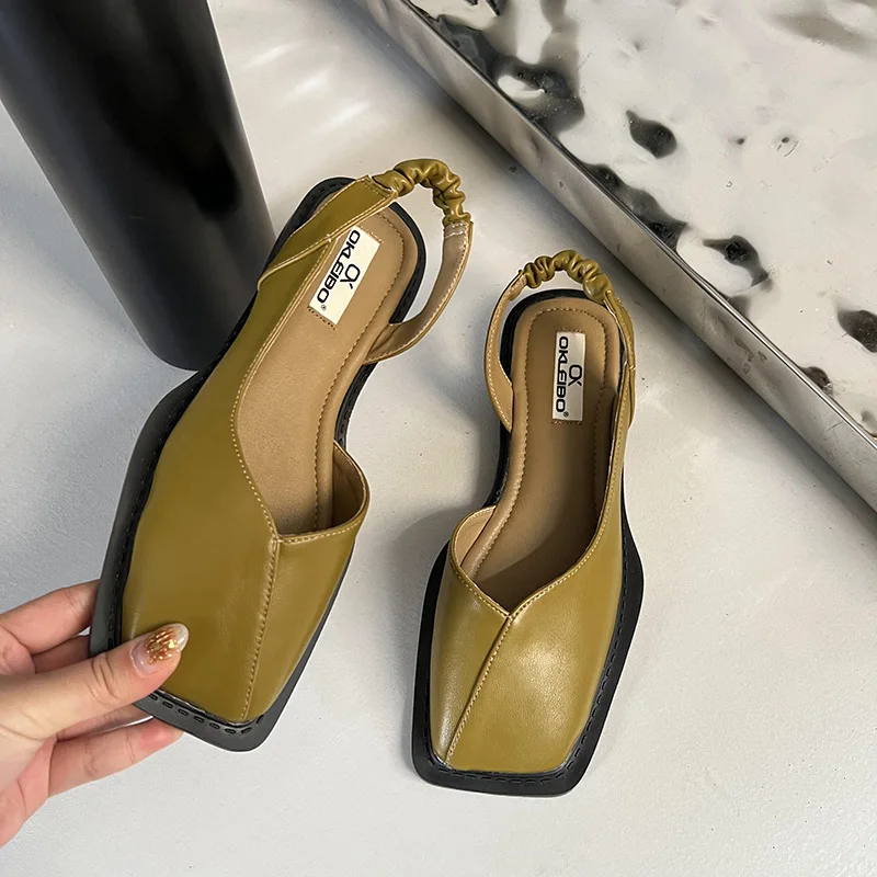 Ladies Sandals Square Toe Summer Elegant  Fashion Ladies Elastic Band Flat Heel Women Shallow Party Shoes Square Heel Sandal 2