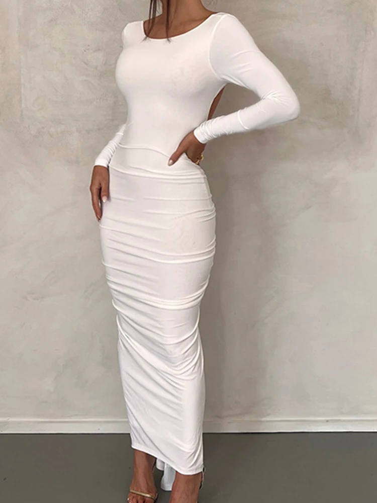 

Elegant Ruched Dress Women Sexy Backless Wrap Dress Slim Y2K Long Sleeve Maxi Dress Female Solid O-Neck Bodycon Party Long Dress