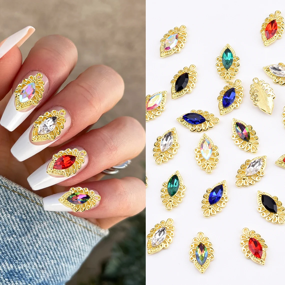 10pcs Luxury Gold Alloy 3d Nail Charms Design Shine Gem Stone Nail Art Decoration Jewels Accessories Supplies for Women Girl