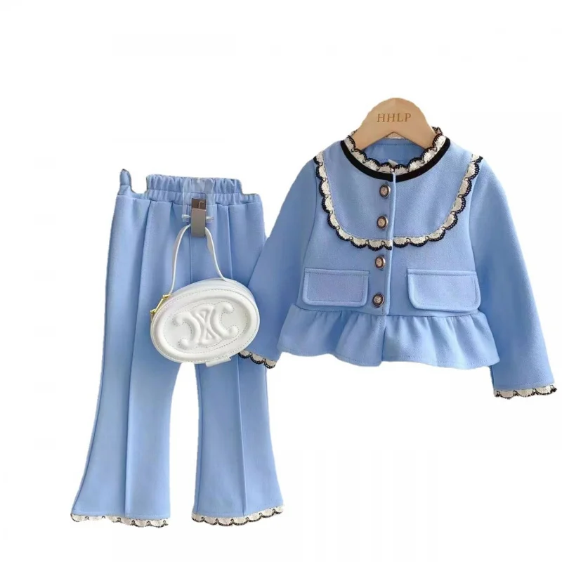 Young and Little Girls Elegant Lace Edge Coat Bell-Bottom Pants Two-Piece Set Spring and Autumn Fashion