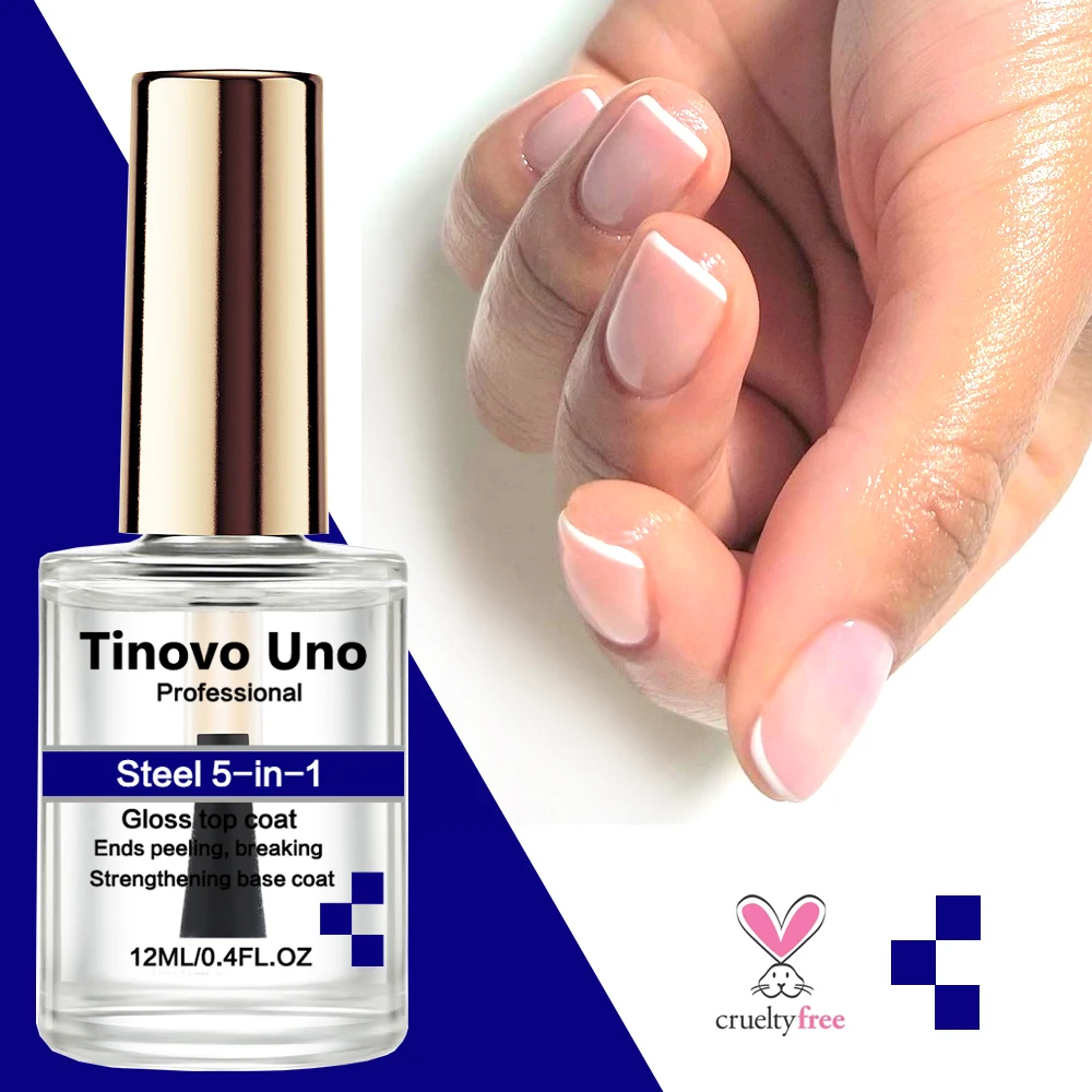 Tinovo Uno Nail Hardener Steel 5 IN 1 Gloss Top Coat Finish Natural Dry 12ML Nail Strengthening Treatment Stronger Nails Finish 2
