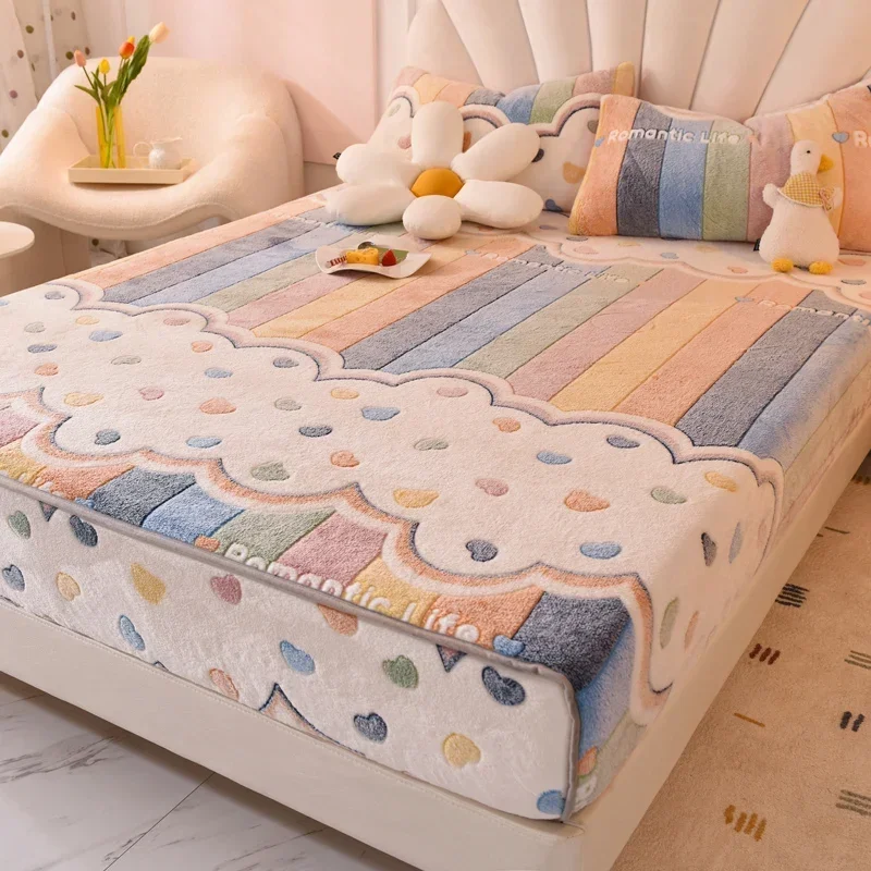 Rainbow Stripe Plush Queen Fitted Sheet Set, Luxury Super Soft Milk Velvet Sheets with 2 Pillowcases, Colorful Stripe Bed Cover 2