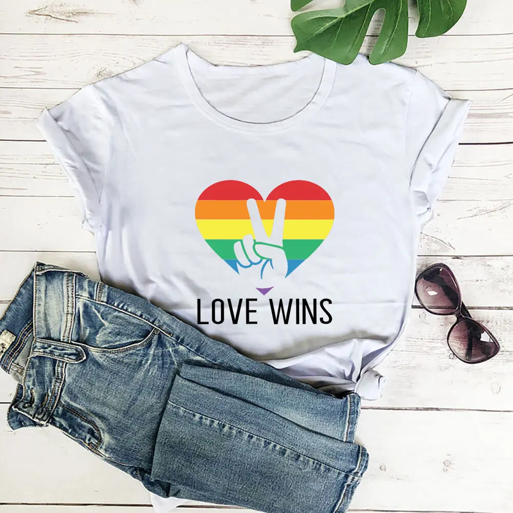 

Love Wins Rainbow Heart Print Love Is Love Shirt Pride Month 100%Cotton Women Tshirt Women Funny Summer Casual Short Sleeve Top
