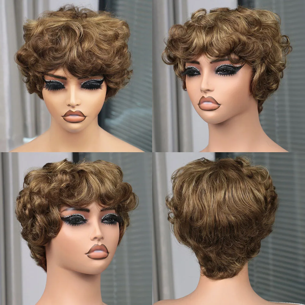 Kurze Pixie-Cut-Perücke, lockige Bob-Perücke aus Echthaar für schwarze Frauen, maschinell gefertigte Perücken mit Pony, farbige brasilianische Perücke, Echthaarperücken – Detail 2