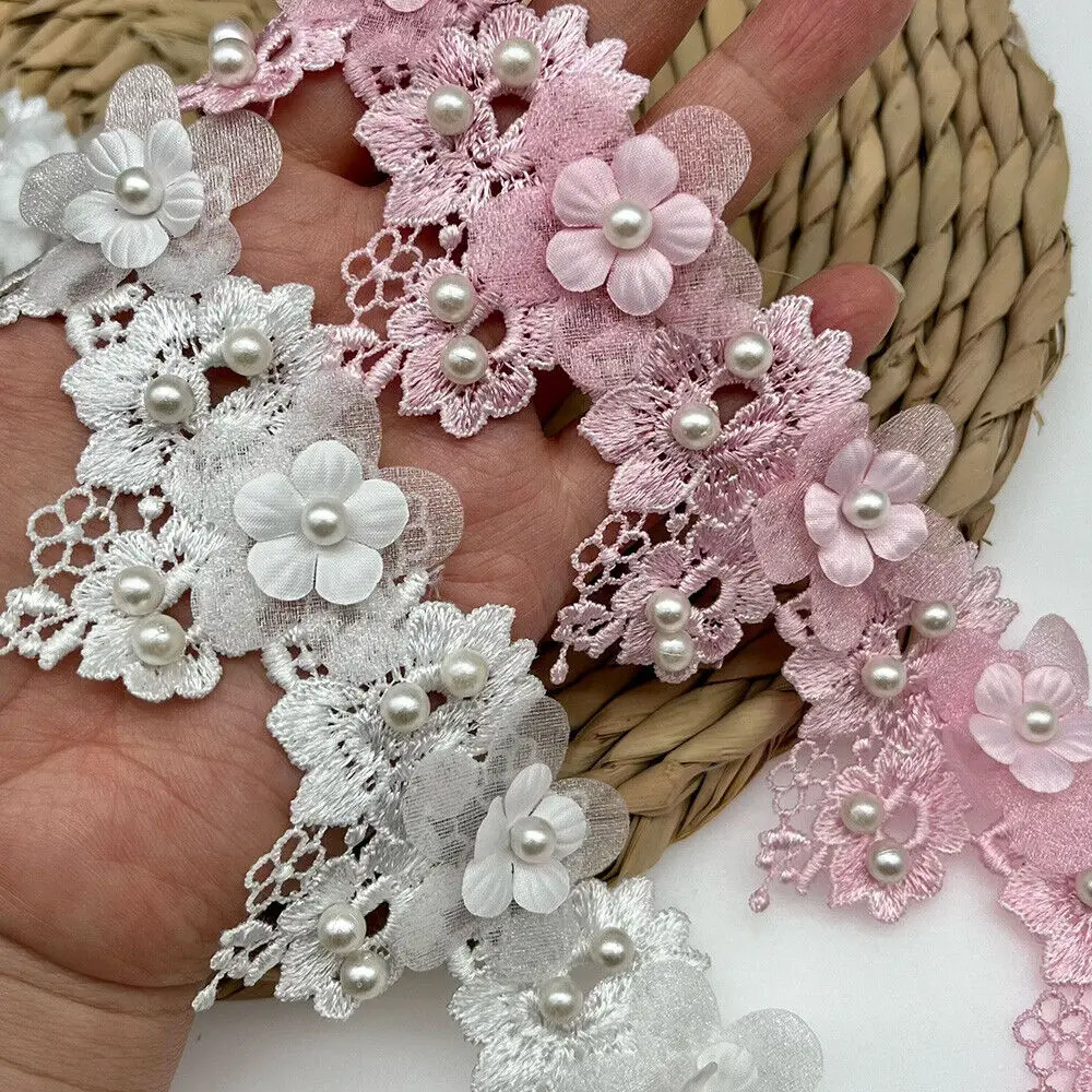 Ruban Dentelle Rose Avec Fleurs - 5 Mètres, Polyester, Pour Couture, Décoration Mariage, Vêtements, DIY