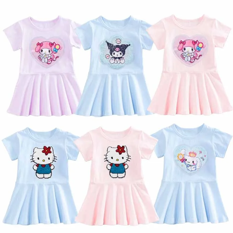 

Детское платье Sanrios из аниме My Melody Cinnamoroll HelloKittys Kuromi, милые детские платья для девочек, юбка с коротким рукавом