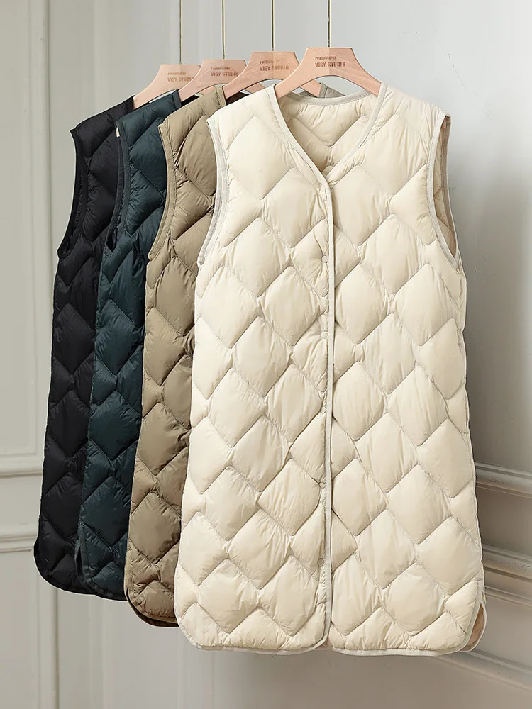 Women Autumn Down Vests 2023 New Ultralight 90% White Duck Down Long Jackets Collarless Puffer Liner Portable Winter Waistcoats