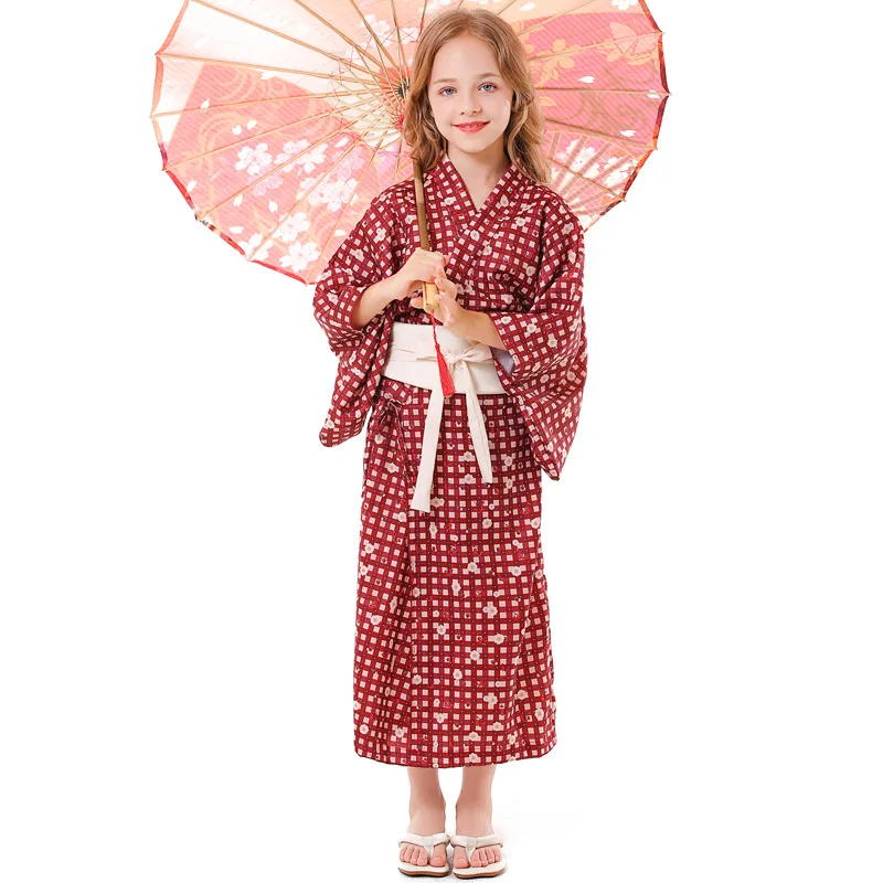

2023NEW Japanese Traditional Kimono For Kids Girls Plaid Dress Pajamas Halloween Costumes
