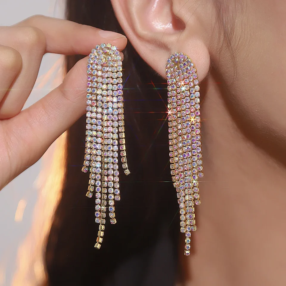 Orecchini Rettangolari Ppendenti Lunghi con Strass Ciondolo Rettangolare con Borchie Rotonde Gioielli di Moda Festa di Ballo Gioielli da Sposa Regali Orecchini Scintillanti con Lampadario Donna