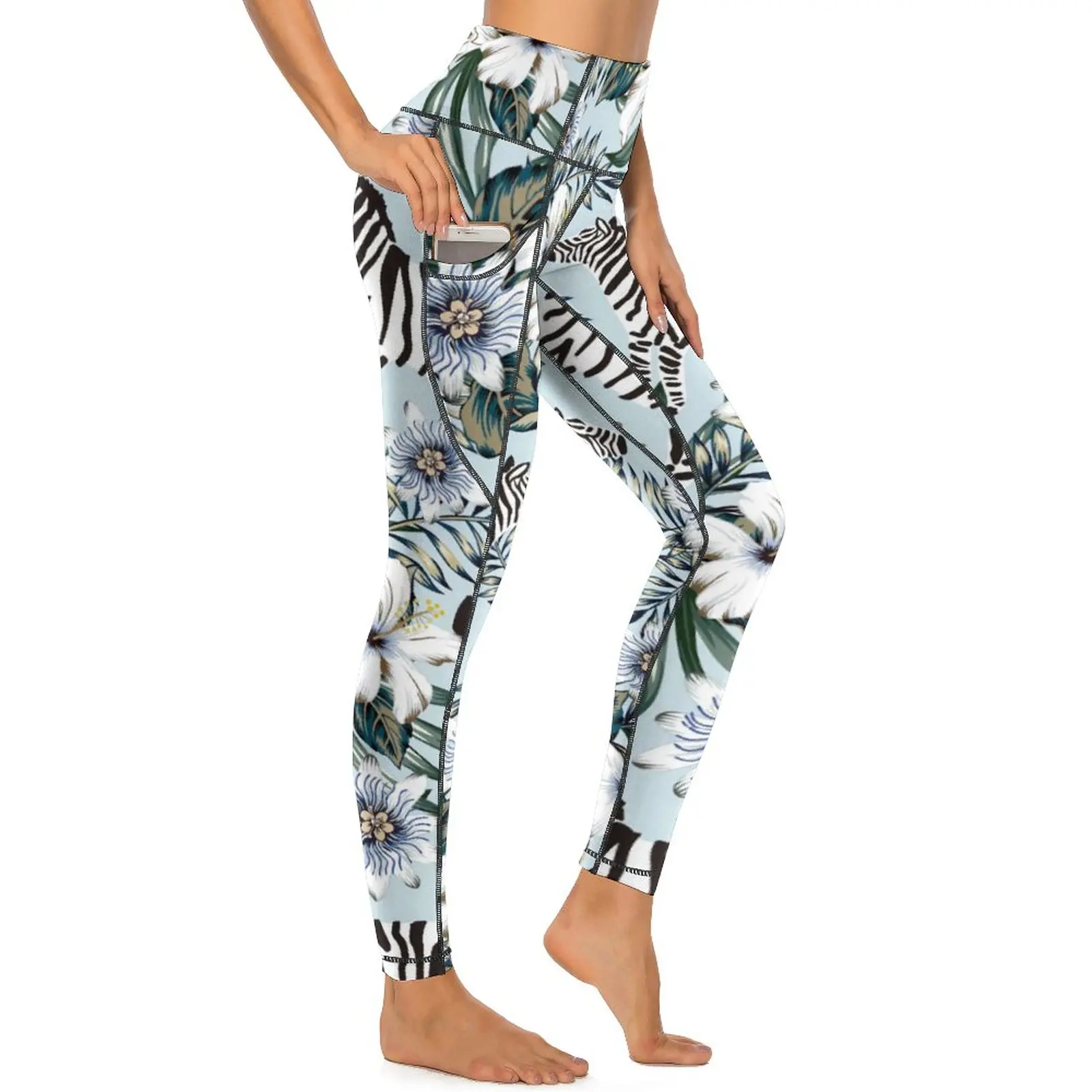 

Palm Leaves Yoga Pants Sexy Zebra And Floral Print Leggings High Waist Work Out Leggins Lady Kawaii Elastic Sport Legging