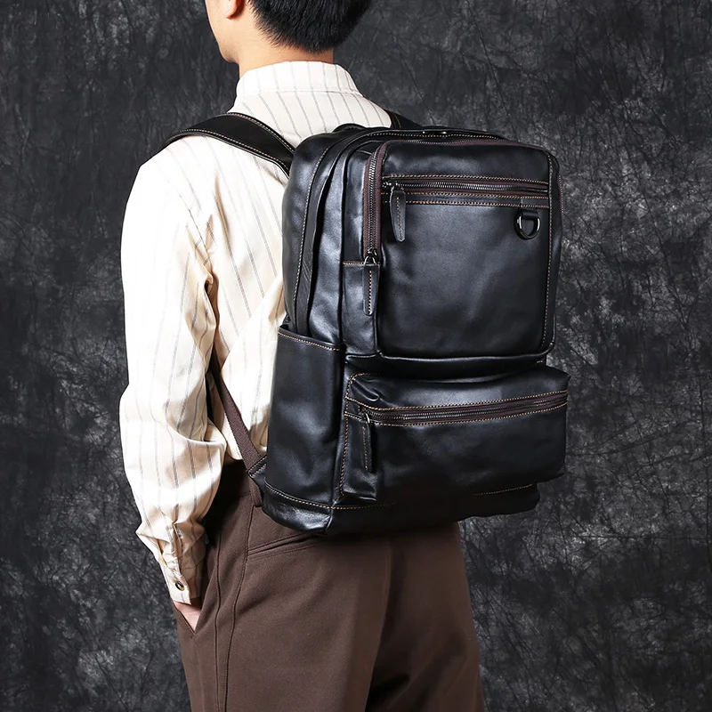 Men's Leather Double Shoulder Baothead Layer Cowhide Backpack Large Capacity Travel Bag Leisure School Bag Simple Computer Bag 3