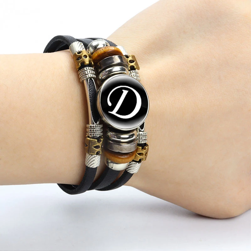 A-Z English Letters Leather Bracelet 26 Initial Letters Cabochon Glass Snap Bracelet for Men Women Couple