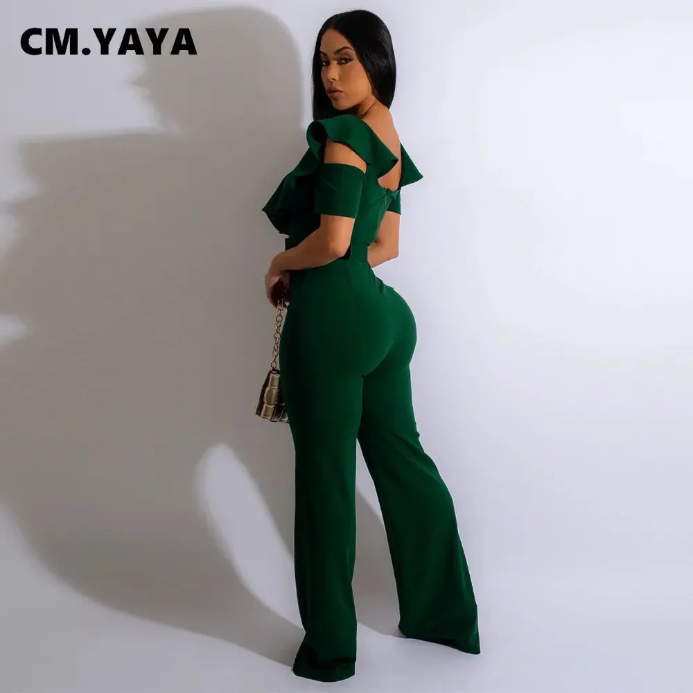 CM.YAYA 빈티지 여성 나비 소매 지퍼 백 허리띠 허리 스트레이트 와이드 다리 Jumpsuit 2023 파티 이브닝 원피스 세트