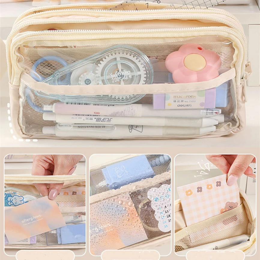 Pencil Case Transparency Cases Lapicera Estuche Escolar Cute 3 Stratum Korean Stationery School Supplies Etui Large Pencils Bags