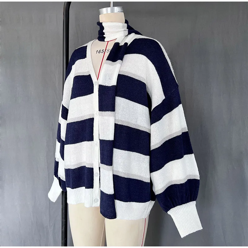 Loose Mohair Striped V-neck Cardigan Women With Scarf Fashion Lantern Sleeve Single Breasted Knitwear Casual Lady New Streetwear