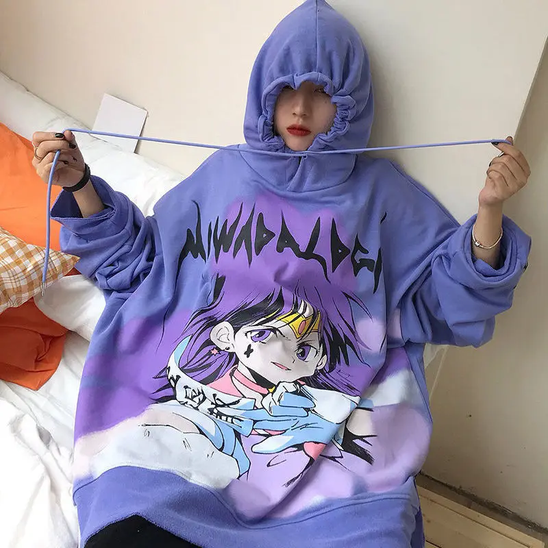 Anime Print Sweatshirts Women Autumn Harajuku Gothic Pullovers Japanese Style Clothes Cotton Long Sleeves Hoodie Streetwear Tops