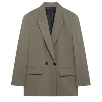 سترة نسائية من HXAO ملابس مكتبية سترة سوداء للأعمال سترة طويلة فضفاضة غير رسمية مزدوجة الصدر سترة رمادية 6