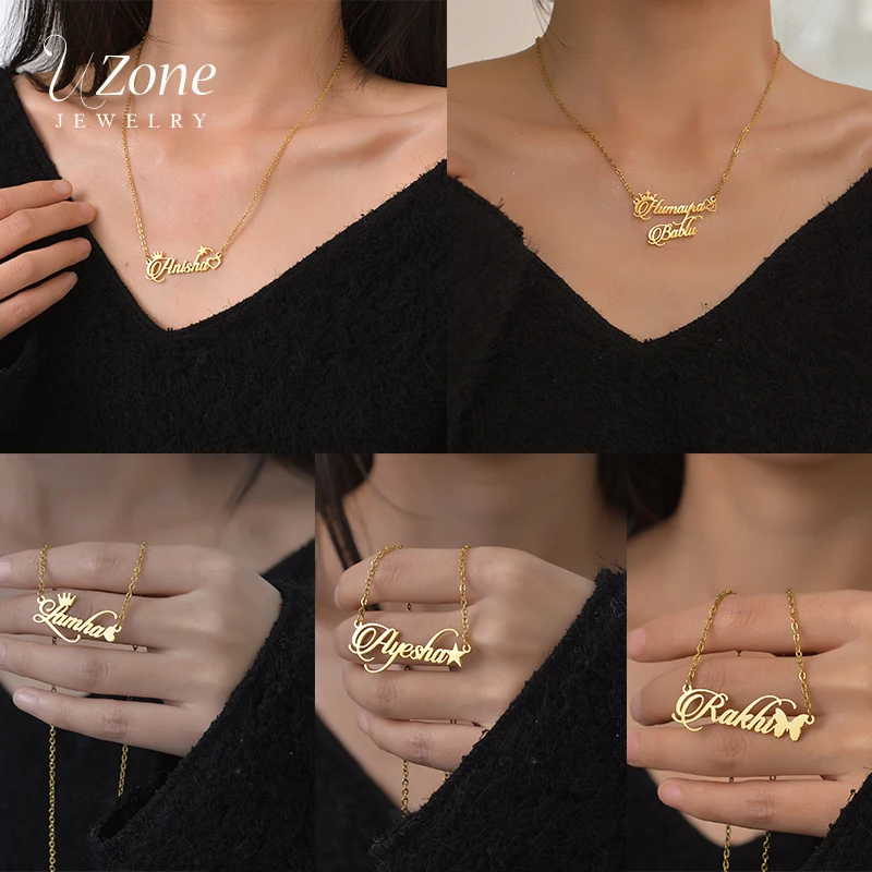 

Uzone Personalized Customized Name Necklace Stainless Steel For Women Men Heart Star Pendant Necklace Jewelry Anniversary Gift