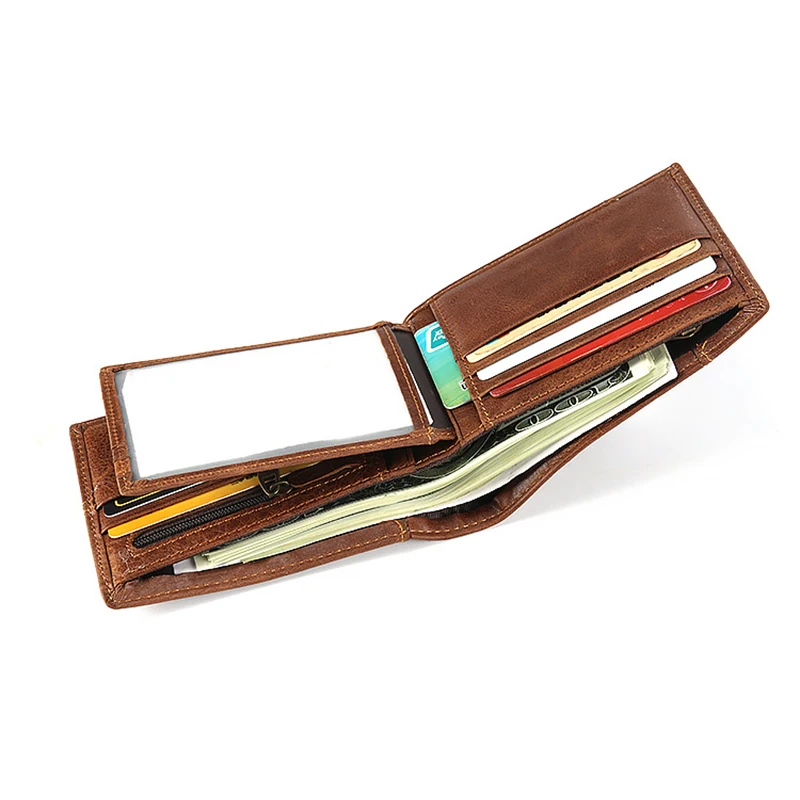 Small Mens Wallet Top Layer Cowhide Leather Bifold Card Holder Short Wallet with Zipper Coin Pocket Retro Horizontal Billfold