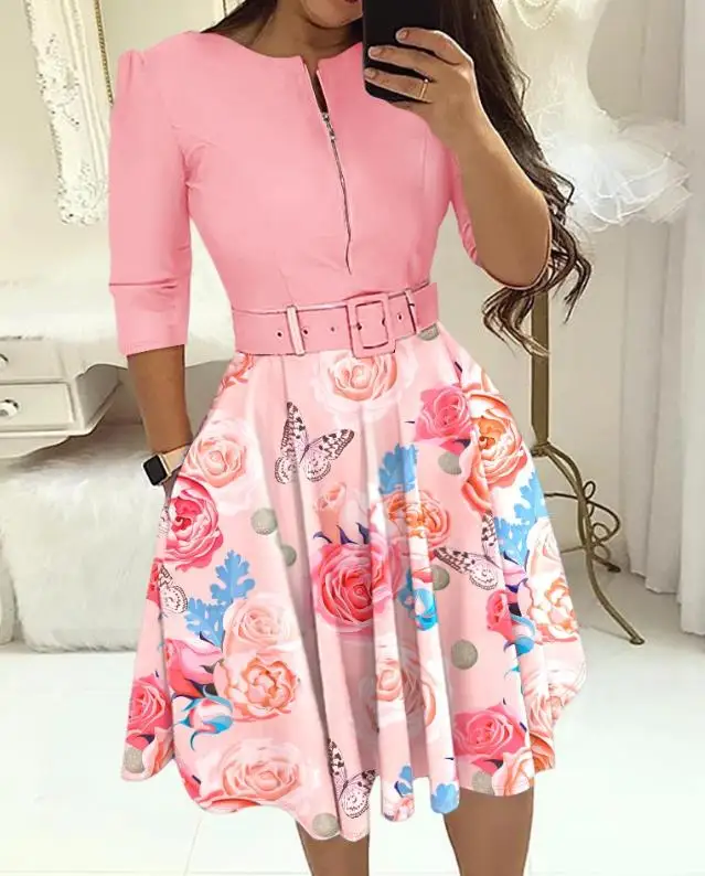 

Dresses for Women 2023 Fashion Party Elegant Round Neck Floral Print Colorblock Zipper Design Casual Midi A Line Dress with Belt