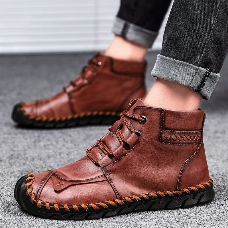 Men Leather Boots Business Mens Boots Brand Classic Winter Thick Plush Warm Snow Boots Handmade Ankle Waterproof Non-slip Moccasins men leather boots business mens boots