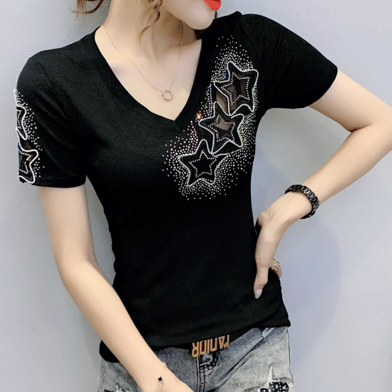 

Black Summer Korean Style T-Shirt Chic Sexy V-Neck Shiny Diamonds Women Tops Short Sleeve Drill Hot High Elastic Tees New 43156
