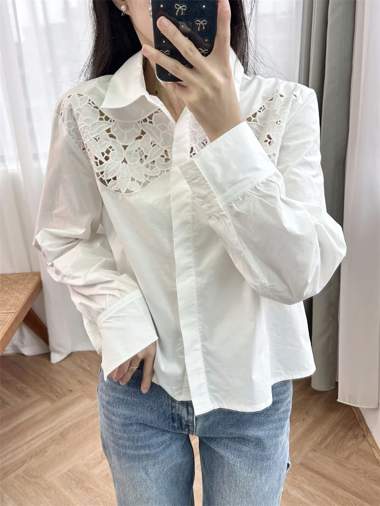 

Женская винтажная блузка с цветочной вышивкой, однобортная ажурная рубашка с отложным воротником и длинным рукавом, весна 2024