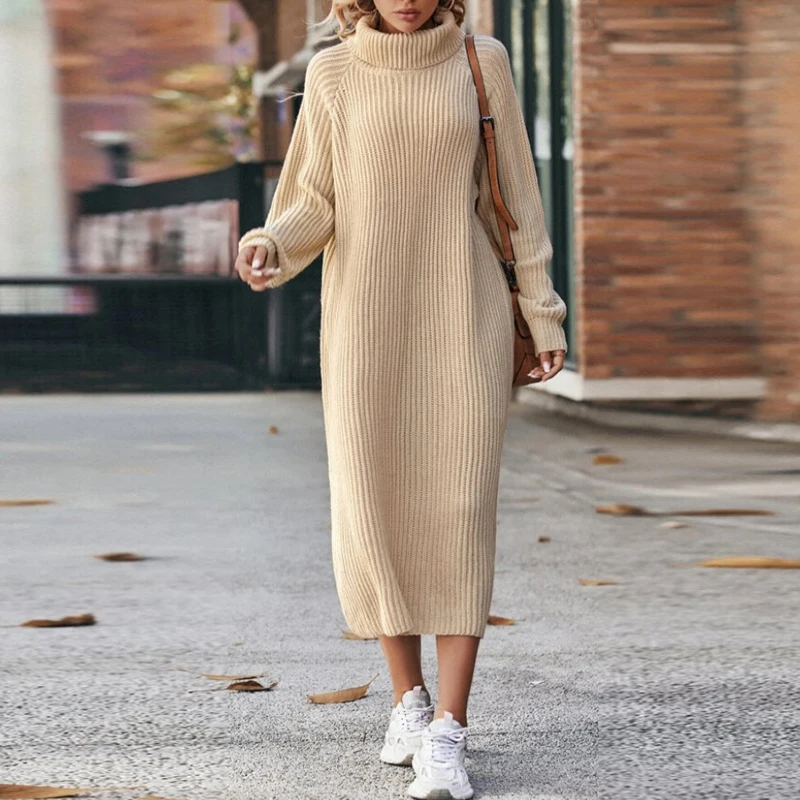 

Elegant Casual Solid Color Knitted Long Dress Female Long Sleeve Pullover Sweater Dress Winter Simple Commute Turtleneck Dresses