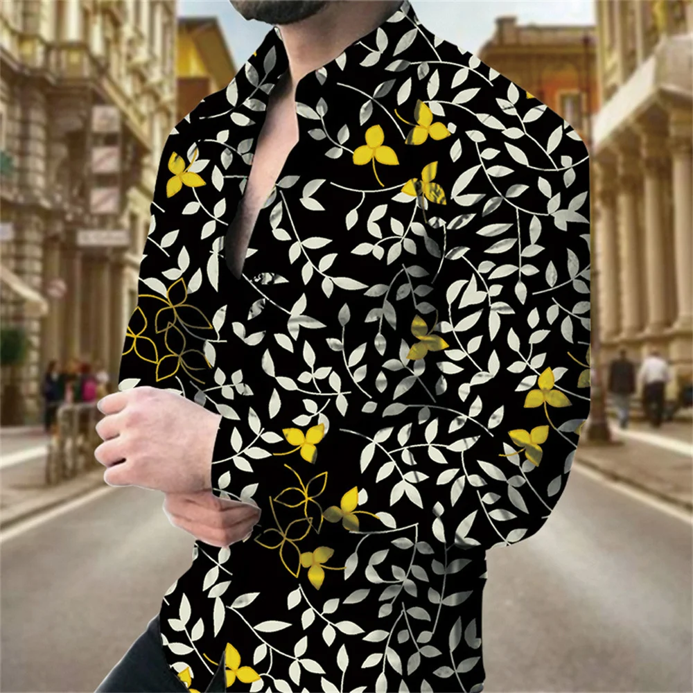 Camisas de moda con estampado floral de hojas para hombre, camisas de manga larga con solapa y estampado 3D, ropa informal vintage de calle genial, blusas ajustadas para hombre